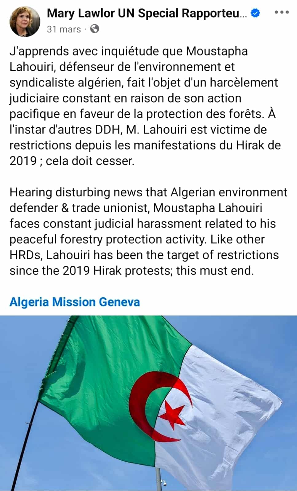 منشور المقررة الخاصة للأمم المتحدة بشأن مصطفى لهويري